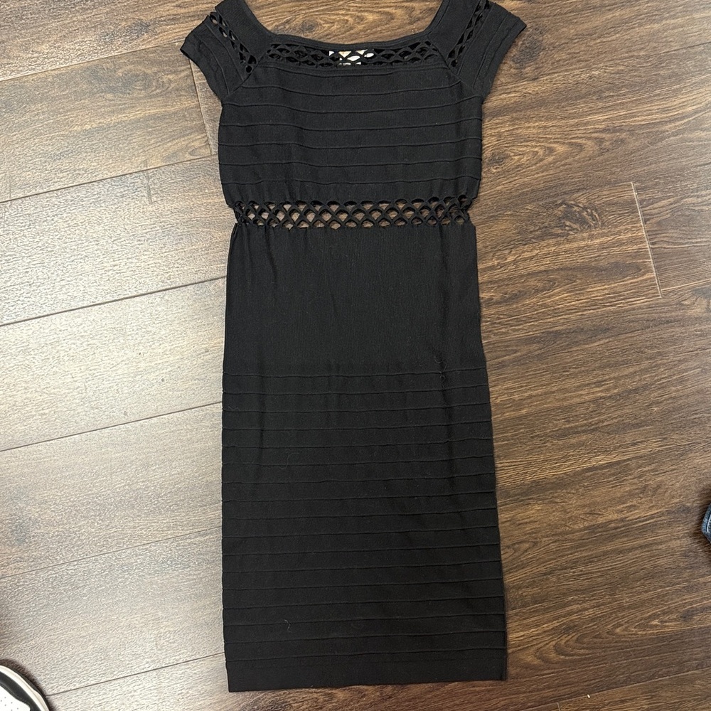 New Mix Black Midi Dress Cutout Crochet Detail Bodycon Short Sleeve